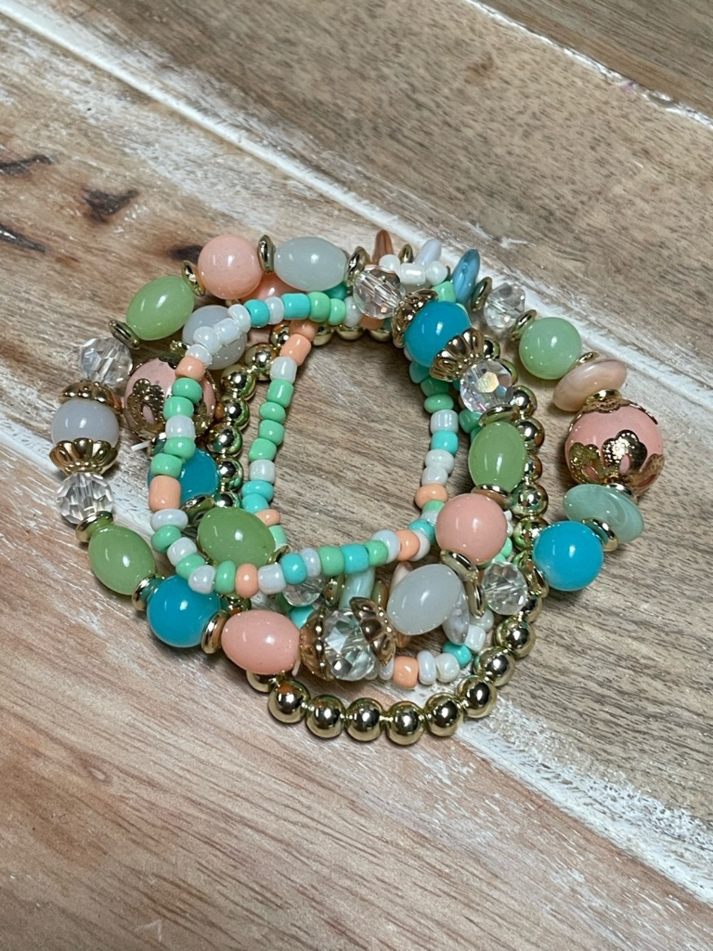 Pastel, Turquoise, Aqua, Green, Pink & Gold Multi-Strand Stretch Bracelet - Picture 3 of 6